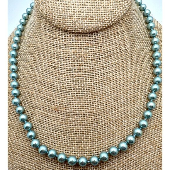 Vintage Inspired Blue Pearl Necklace Simulated Silver-Tone Clasp 6.3mm Beads - Picture 1 of 7